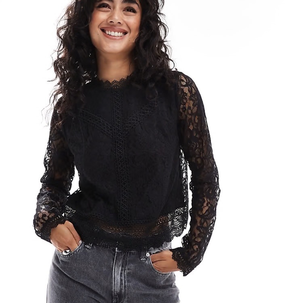 Express Black High Neck Crochet Lace Long Sleeve Top Sheer Sleeves Small